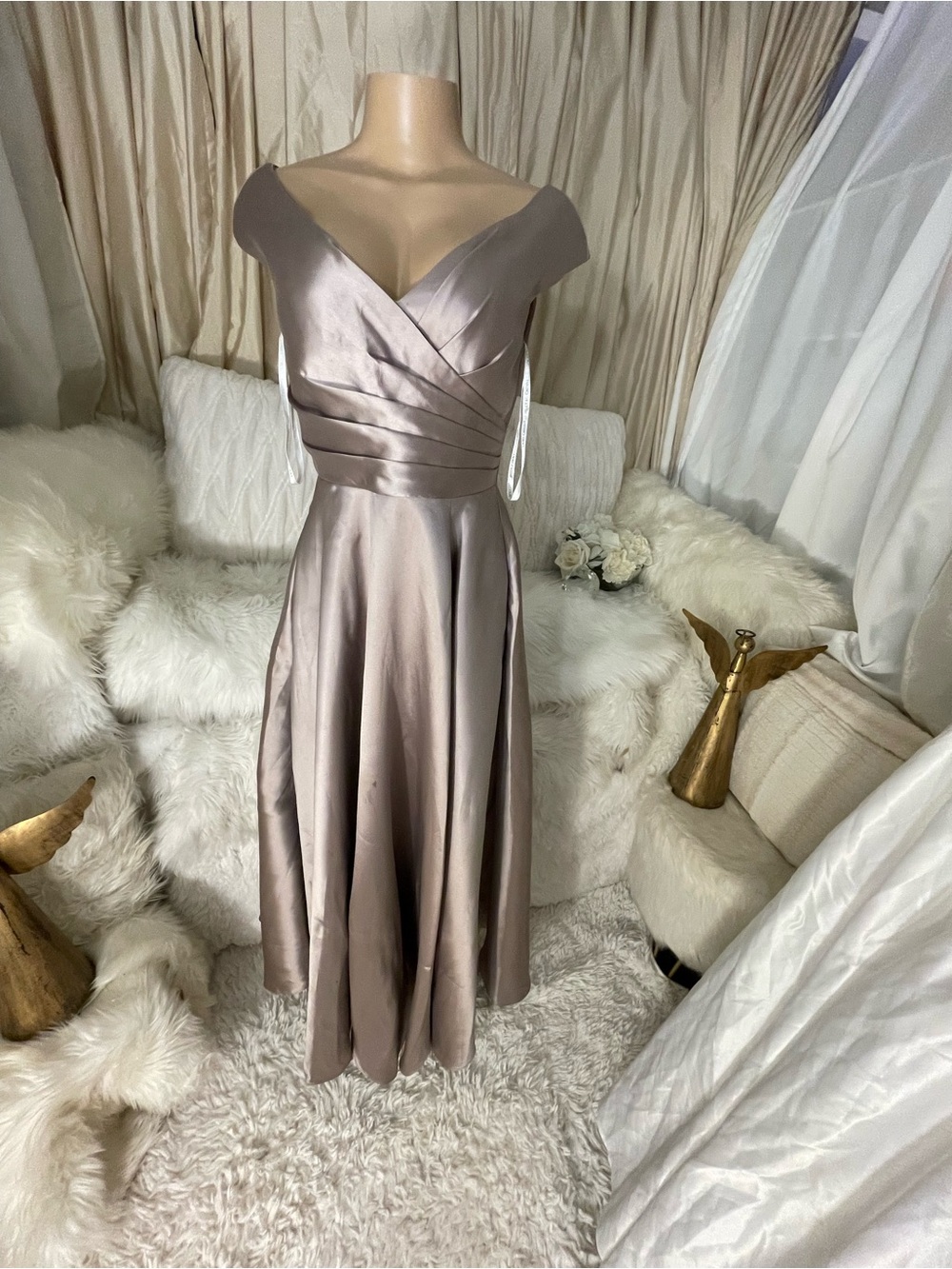 Oleg Cassini Taupe Satin Midi Dress with V-Neck Size 4